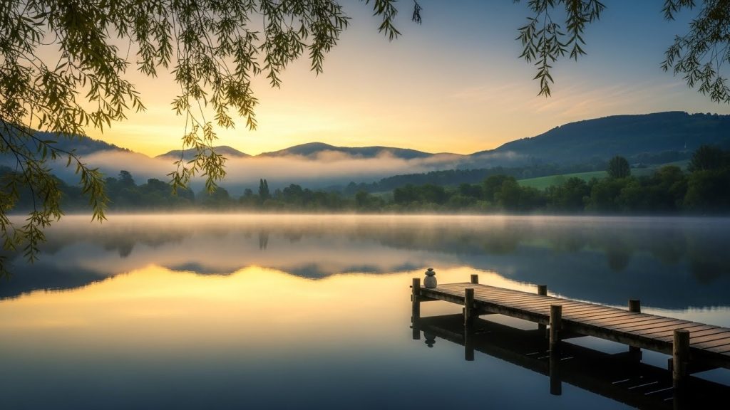 Still lake with mountain in background
